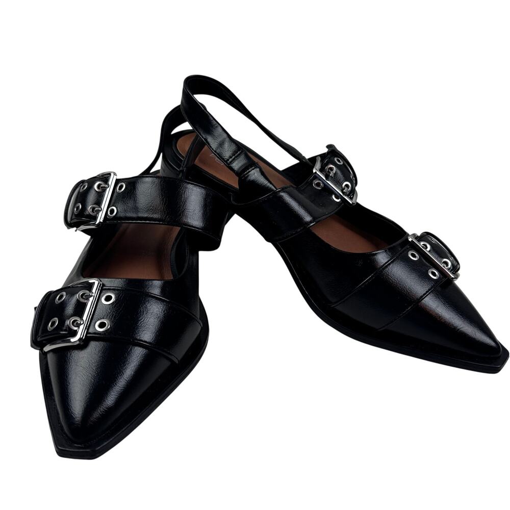 Wild Fable Peyton Black Goth Chic Slingback Double Buckle Flats Women's Size 7